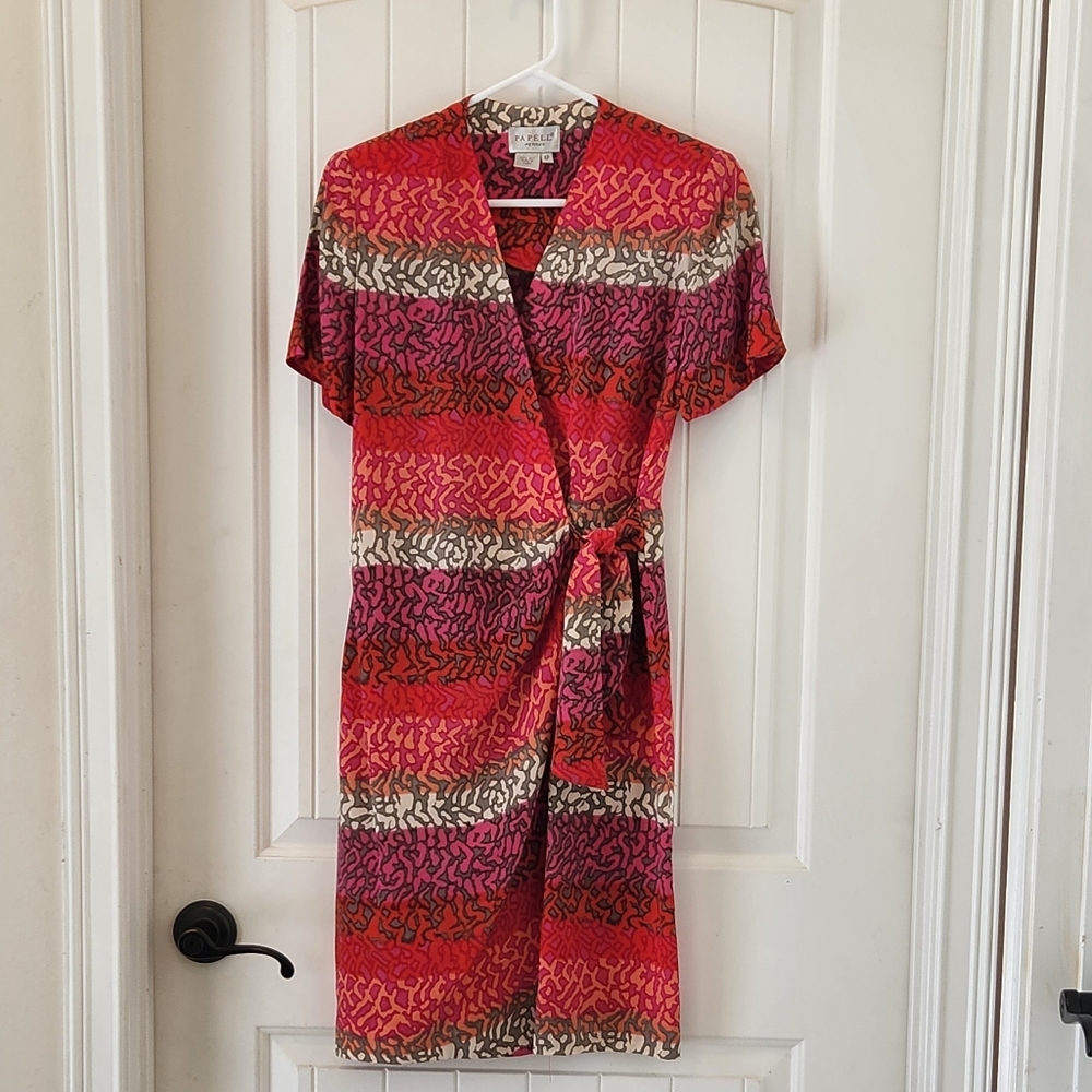 Papell 100% Silk, Shades Of Red And Brown Wrap Dress, 4 Petite